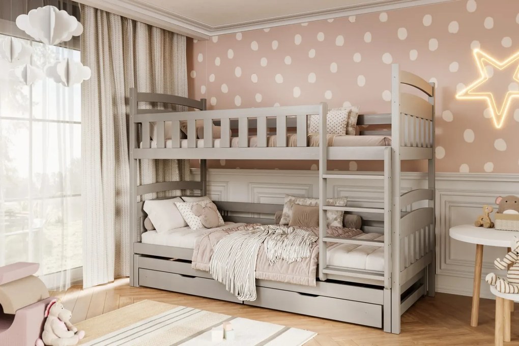 Łóżko piętrowe JULITA 160x80 szare drewniane trzyosobowe KOCOT KIDS