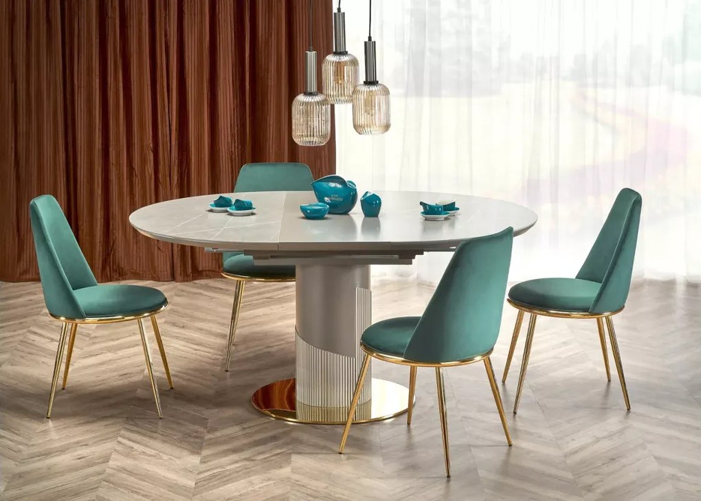 Rozkładany stół okrągły Muskat 120-160 cm z ceramicznym szarym blatem na jednej nodze MDF, złota podstawa do jadalni