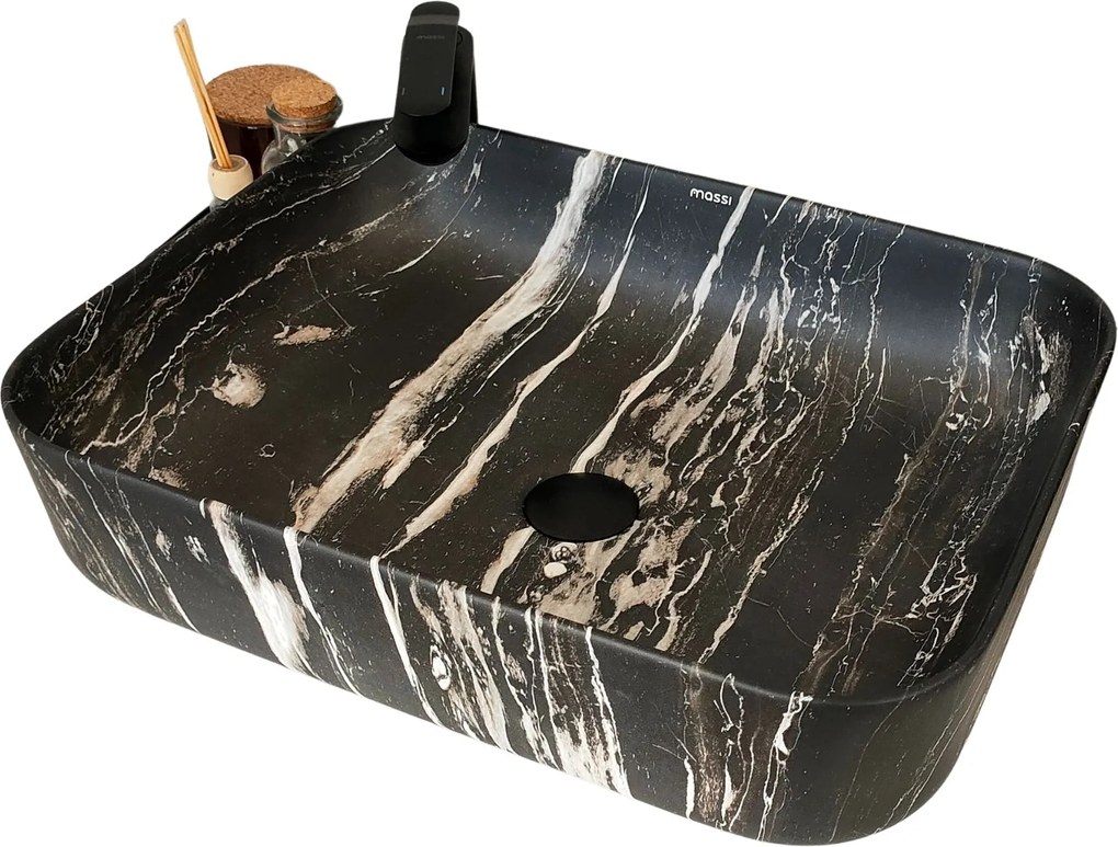 Umywalka ceramiczna nablatowa marmurowa prostokątna czarna 50 x 39 cm MARBE BLACK