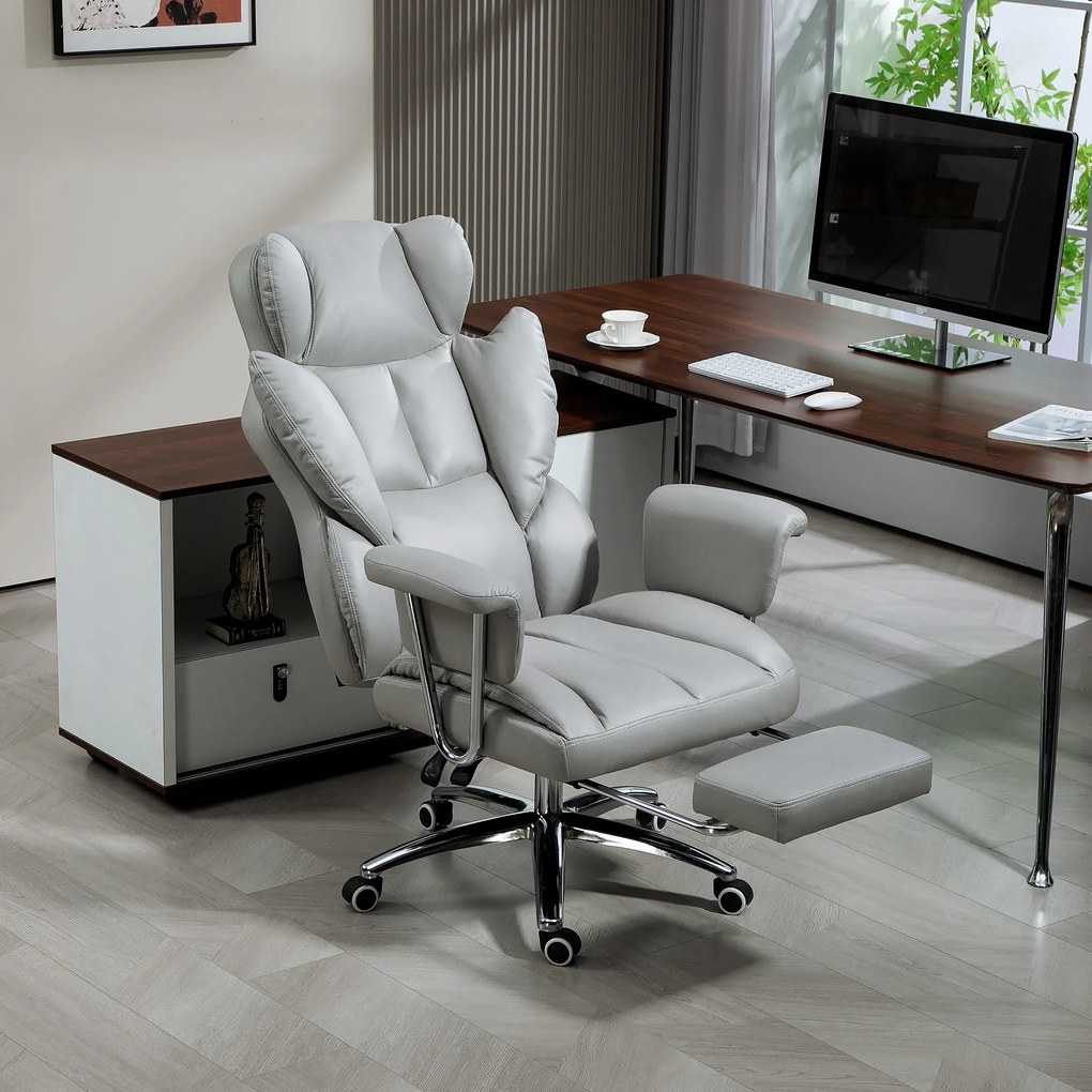 HOMCOM Ergonomiczne Krzesło Biurowe, Tapicerowane, z Podnóżkiem, Regulowana Oparcie, Obrotowe 360°, Jasnoszary