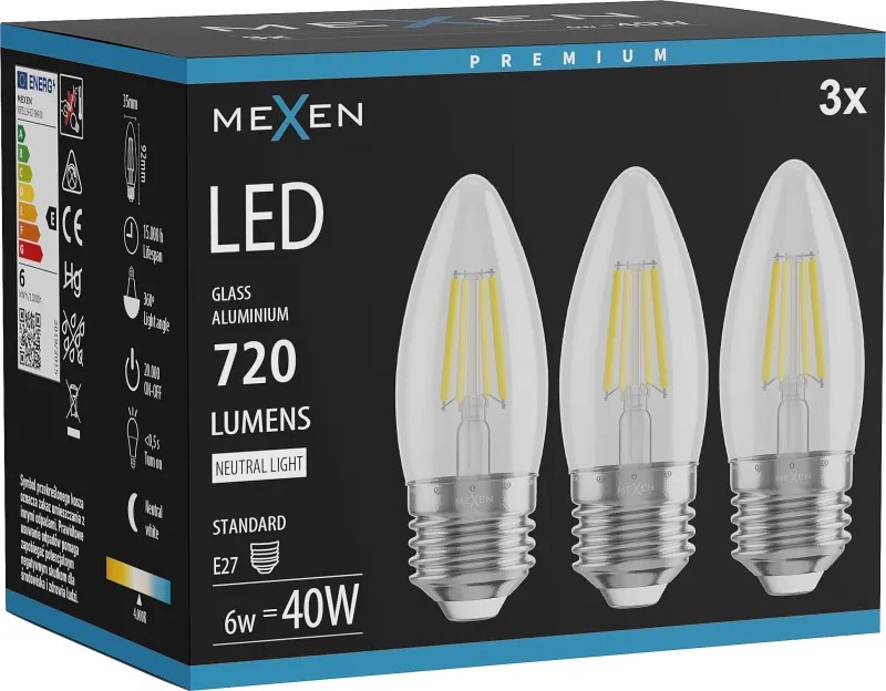 Mexen Vintis 3x żarówka filament LED E27, C35, 6W, Neutralna - 4000K, 720 lm, clear - L154-E27-0640-00x03