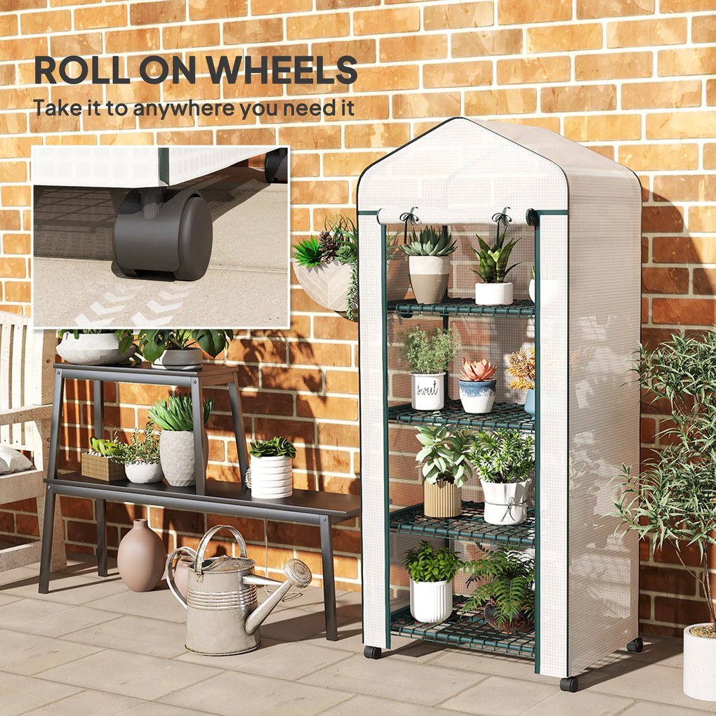 Outsunny Szklarnia foliowa, Treibhaus, Mini-szklarnia, Dom roślinny, Radliny, 4 poziomy półek, 69 x 50 x 165 cm, Biały