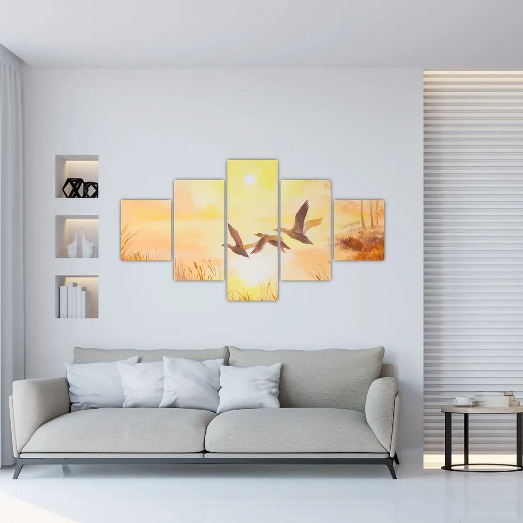 Obraz - Żurawie o zachodzie słońca (125x70 cm)