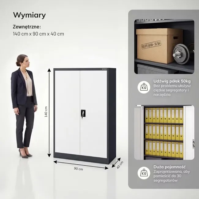 Szafa biurowa na dokumenty metalowa antracytowo-biała KEVIN 900 x 1400 x 400 mm