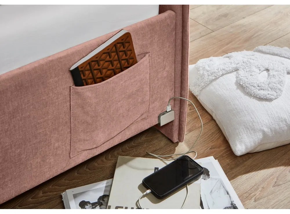 Różowe tapicerowane narożne łóżko dziecięce ze schowkiem ze stelażem 120x200 cm Fun – Meise Möbel