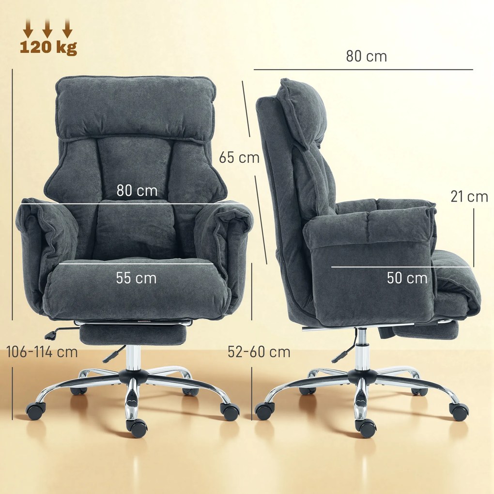 HOMCOM Fotel biurowy regulowany obrotowy z podparciem lędźwiowym, podnóżkiem, flanelą śnieżną, 80 x 80 x 106-114 cm, ciemnoszary | Aosom PL