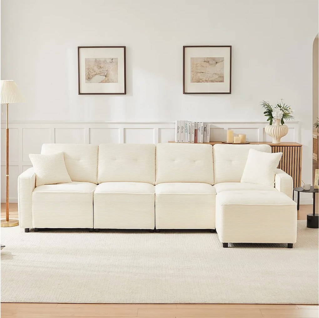 Nowoczesna sofa 4-osobowa - 280 x 146 x 85 cm - ze schowkiem pod siedziskiem + pufa modułowa - welur - beż