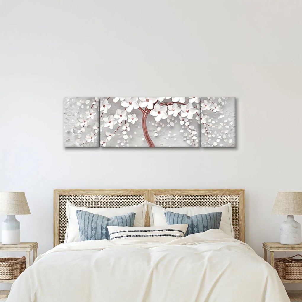 Obraz - Obraz białego drzewa z kwiatami, rosegold (170x50 cm)