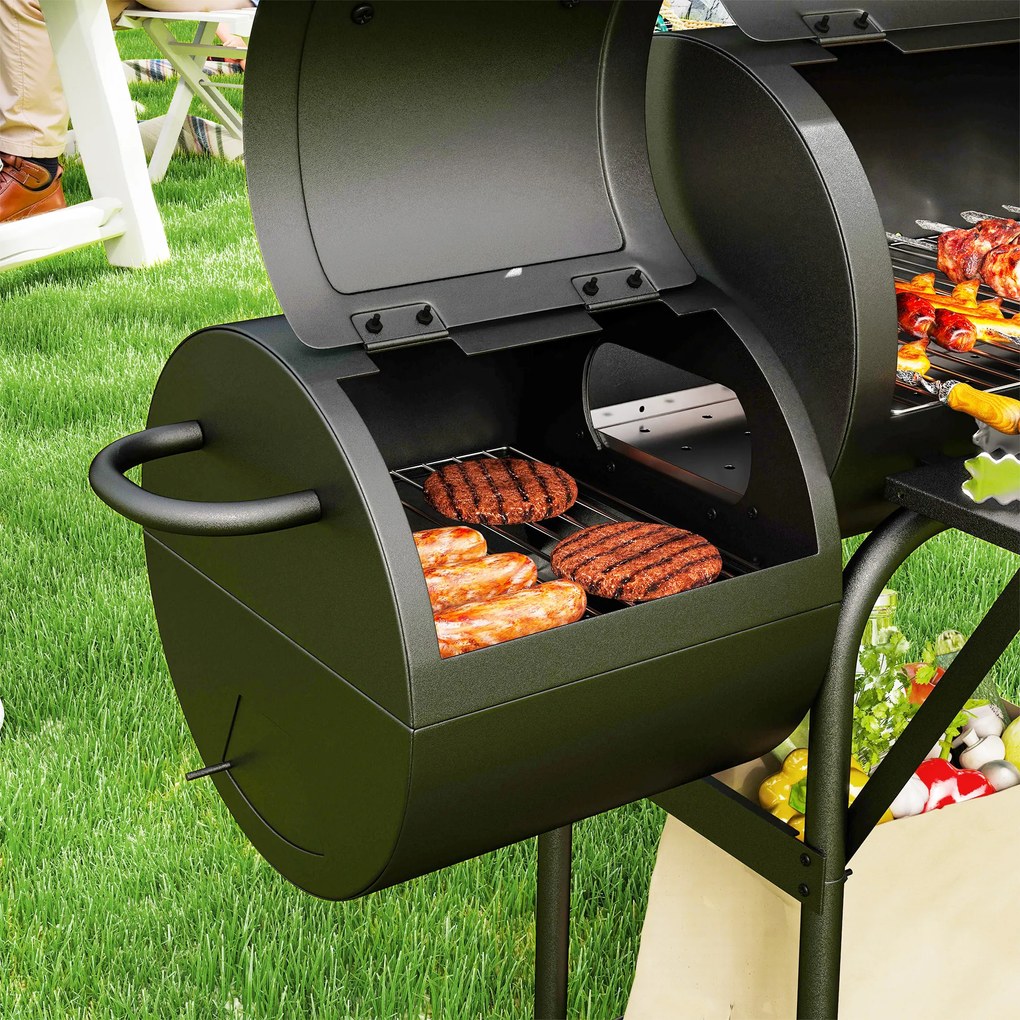Outsunny Grill węglowy ze stali BBQ Smoker z pokrywą, termometrem, kołami, dopływem powietrza i wanienką na węgiel