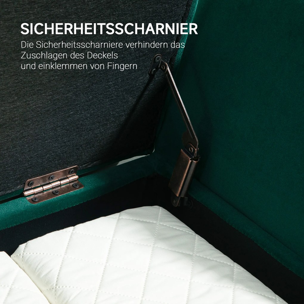 HOMCOM Ławka z Miejscem na Przechowywanie, Podłokietniki, Aksamitny Poliester, Drewno Kauczukowe, 107 x 42 x 65 cm, Zielony