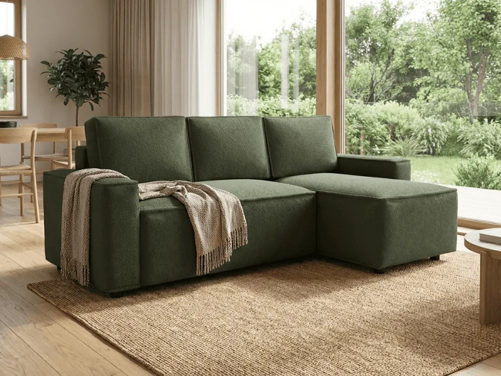 Rozkładana obustronna sofa narożna w kształcie L SMART BOUCLE 232x143 cm, ciemnozielona