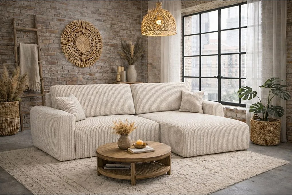 Narożnik z funkcją spania i pojemnikiem Ariel XL, tkanina welurowa Salvador, Beżowy, Prawy