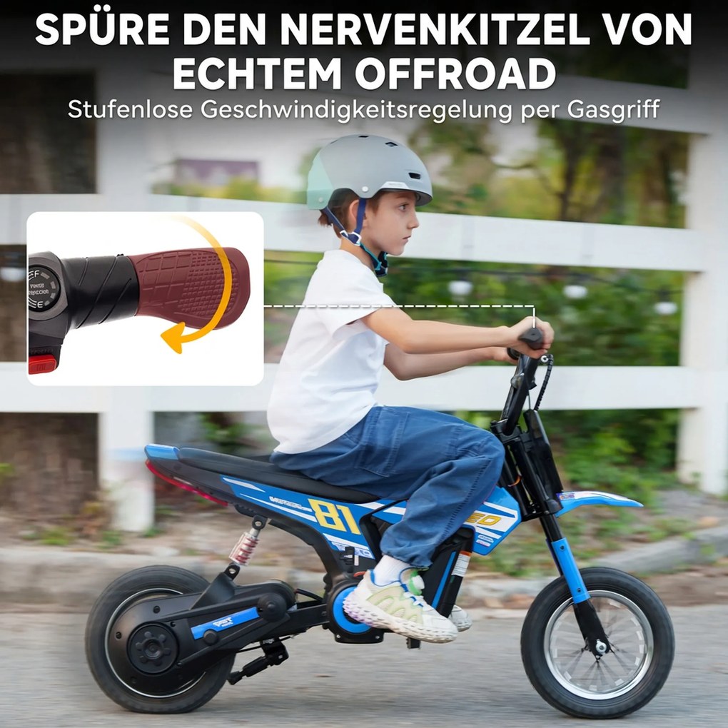 AIYAPLAY Elektryczny motocykl dziecięcy 24 V Motocross z silnikiem 250W, akumulator 7Ah, tylne zawieszenie, hamulec tarczowy, 16 km/h, 8–12 lat | Aosom PL