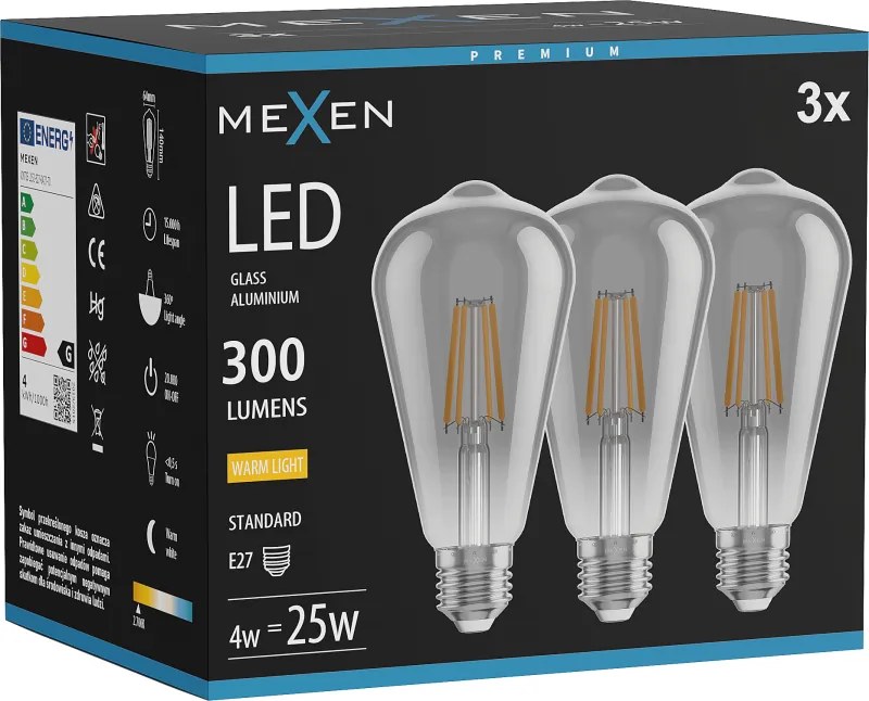 Mexen Vintis 3x żarówka filament LED E27, ST64, 4W, Ciepła - 2700K,  300 lm, smoke - L152-E27-0427-70x03