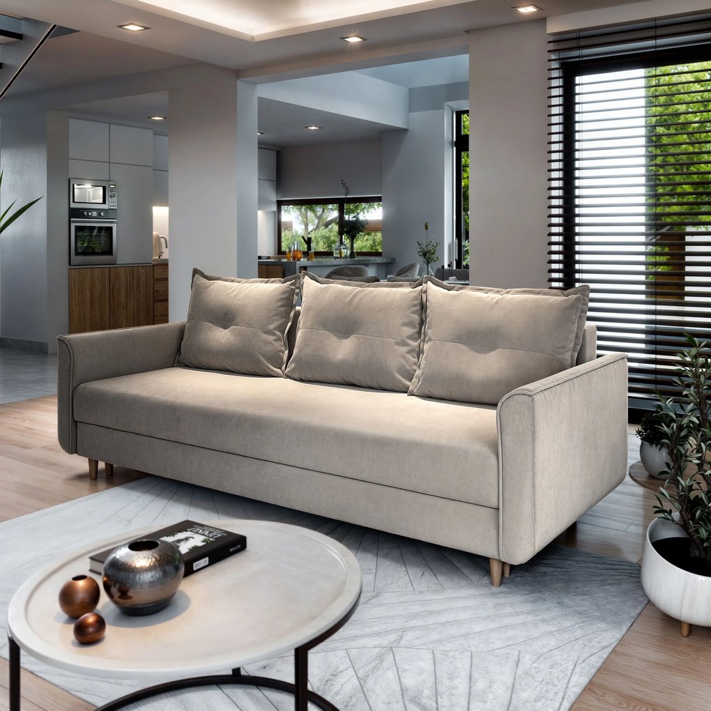 Masseno Sofa NAPOL z funkcją spania i pojemnikiem na pościel, Rozkładana sofa - Beżowy, PAROS 02