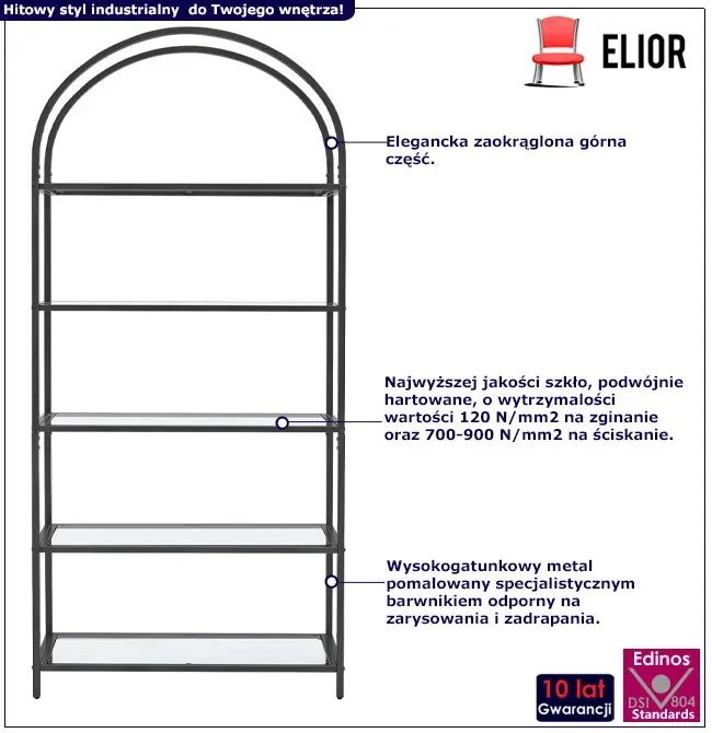 Czarny metalowy regał loft ze szklanymi półkami P7-E90