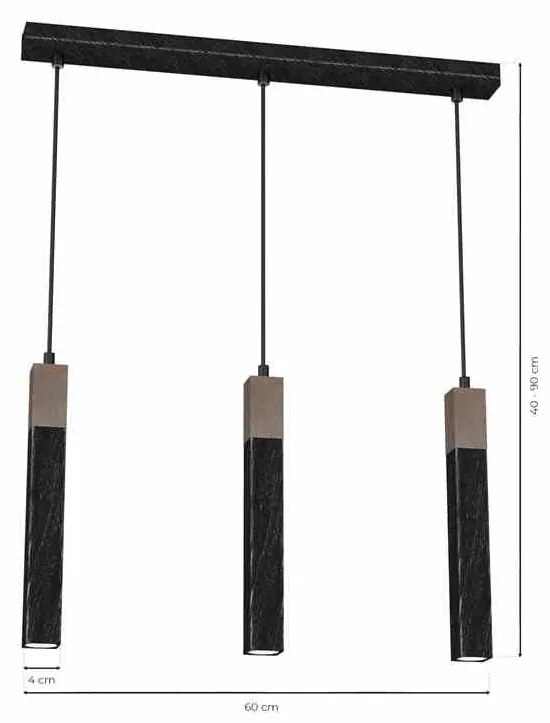 Lampa wisząca, czarna, potrójna SOLO SAWN BLACK / PATINATED WOOD 3x mini GU10