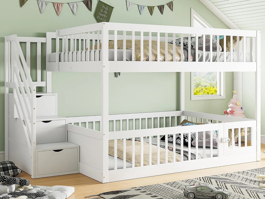Łóżko piętrowe 140×200 cm - z drabiną bezpieczeństwa - z 3 szufladami - białe (materac nie jest zawarty)