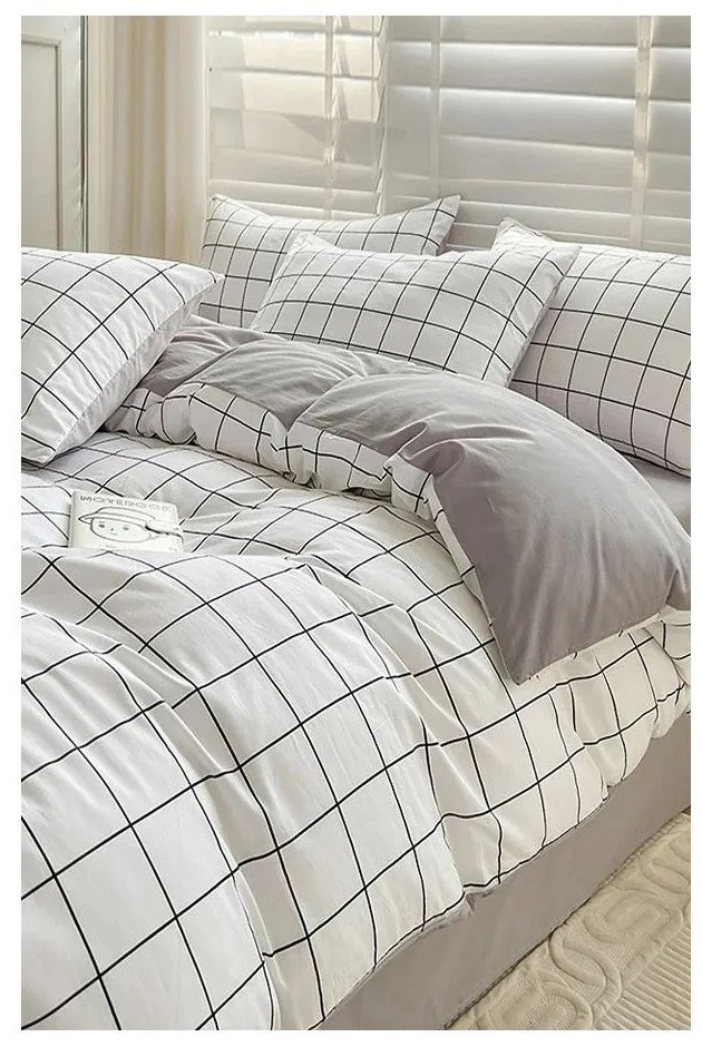 Biało-szara pościel jednoosobowa z bawełny renforcé z prześcieradłem 160x220 cm Checkered – Mila Home