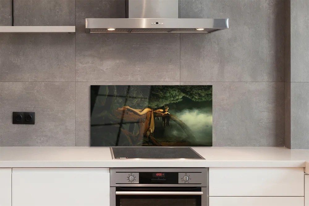 Szkło do Kuchni na Ścianę Kobieta-Drzewo pod Chmurami