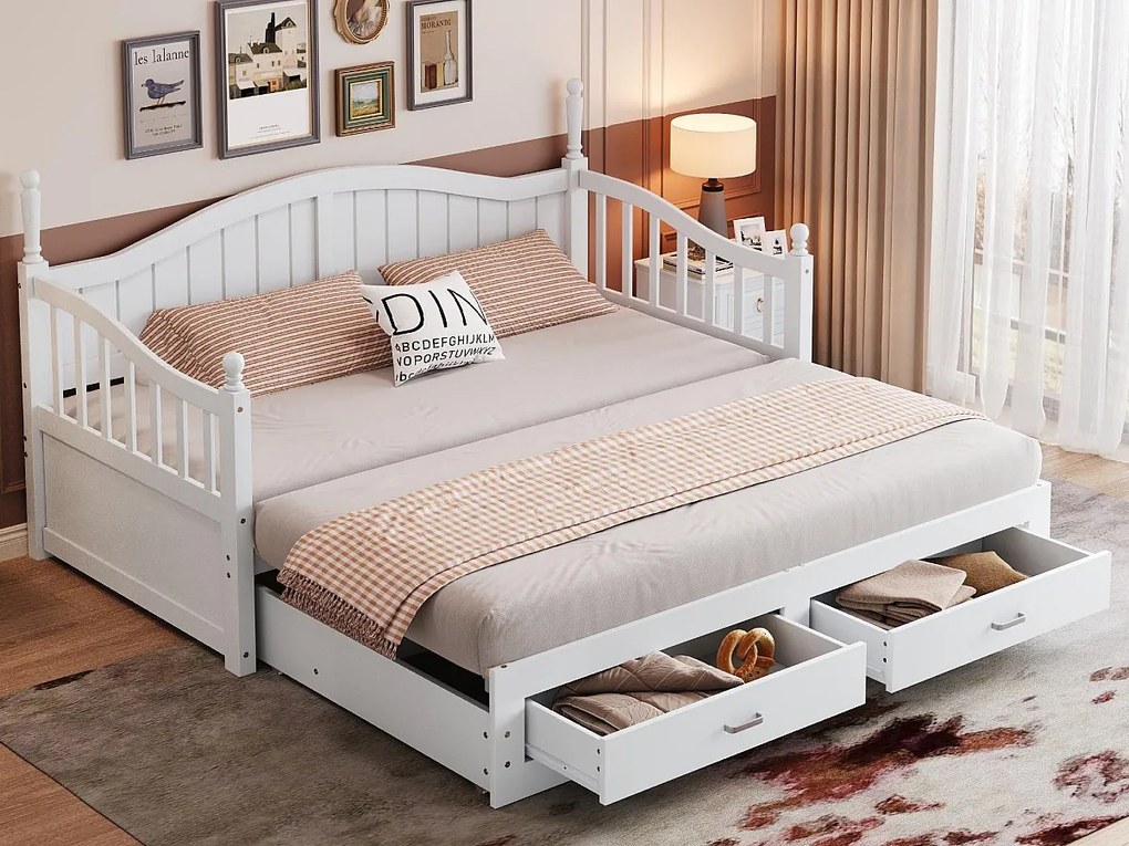 Rozkładana sofa z litego drewna 90/180x200 cm z szufladami i kolumnami rzymskimi - Biały