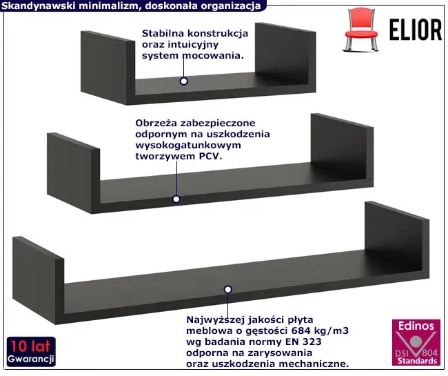 Komplet 3 Półek Ściennych W Kolorze Czarnym Takaris 4X