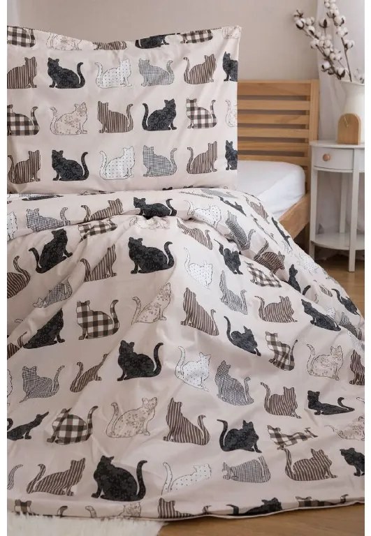 PrzytulneMieszkanie.pl PrzytulneMieszkanie.pl Pościel z bawełny Renforcé PATTERNED CATS beżowe Rozmiar pościeli: 2 szt 70 x 90 cm | 200 x 220 cm