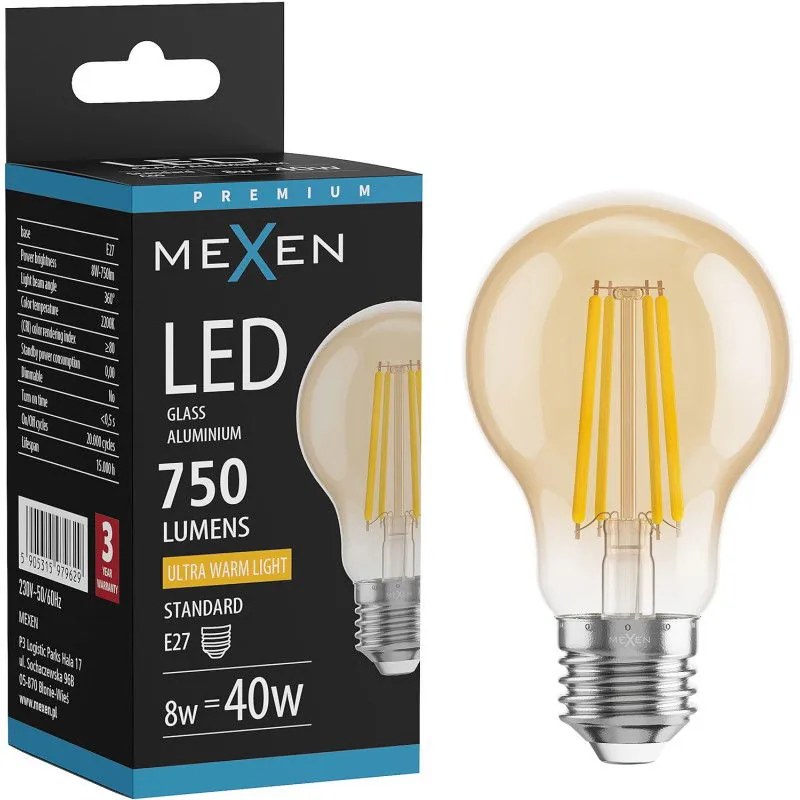 Mexen Vintis żarówka filament LED E27, A60, 8W, Ciepła - 2200K, 750 lm, amber - L150-E27-0822-50