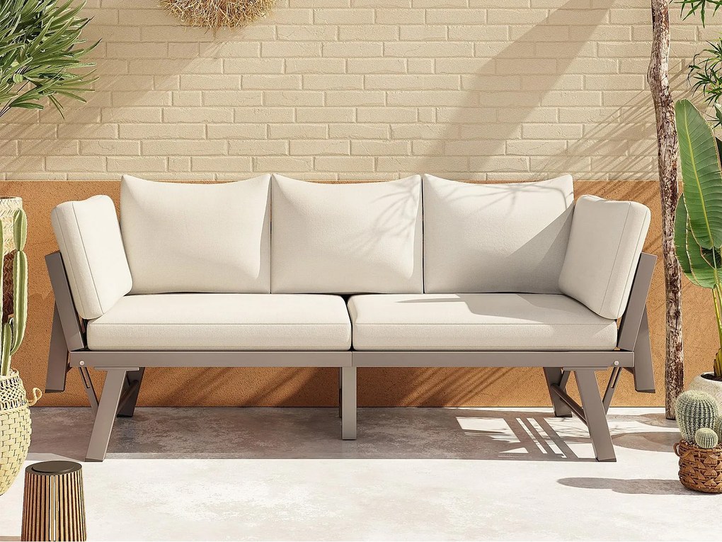 Kanapa Ogrodowa 3 Osoby Przekształcalna w Łóżko Wypoczynkowe - Składane Wielopozycyjne Podłokietniki - Konstrukcja Stal Ocynkowana - Beżowy