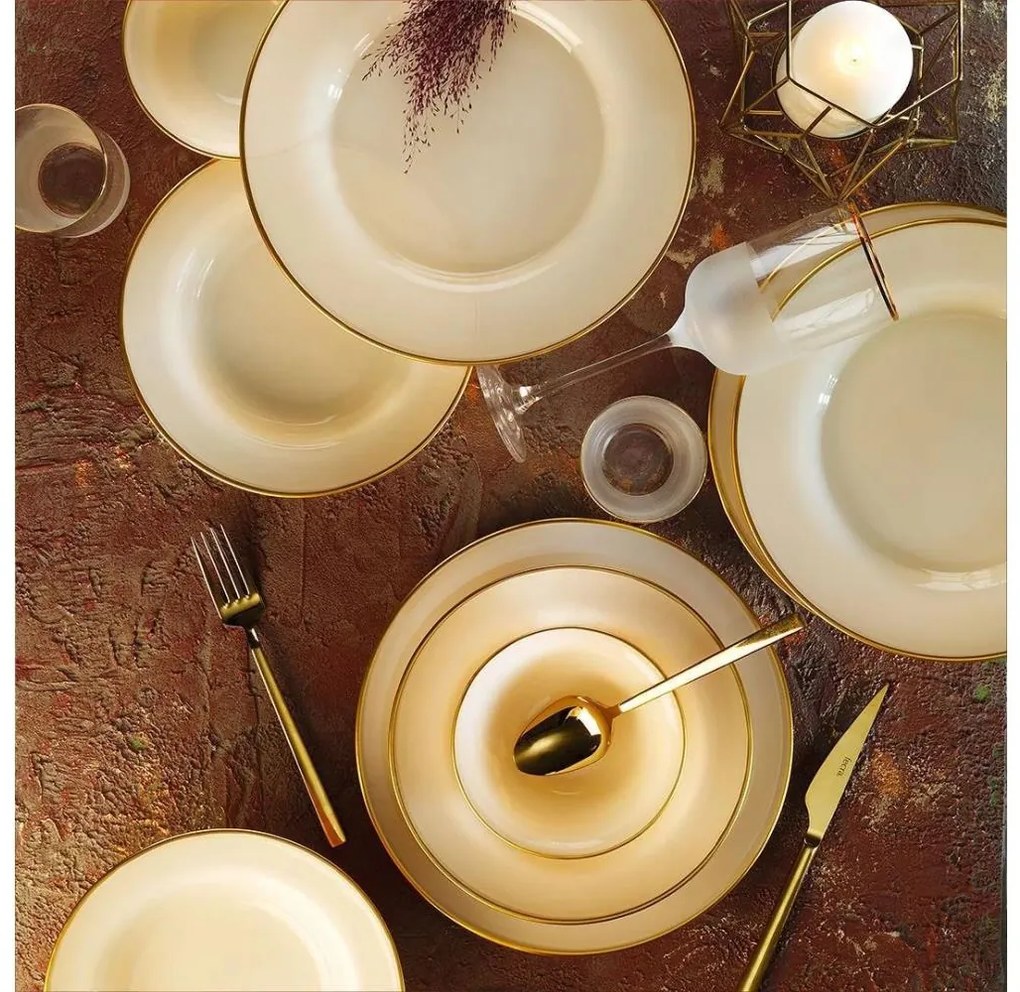 Zestaw obiadowy 18 elementów, beżowy/złoty, porcelana