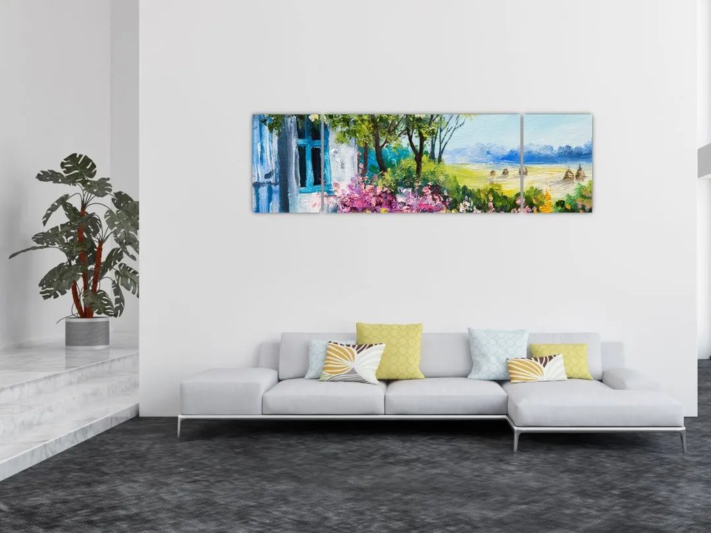 Obraz ogrodu przed domem, obraz olejny (170x50 cm)