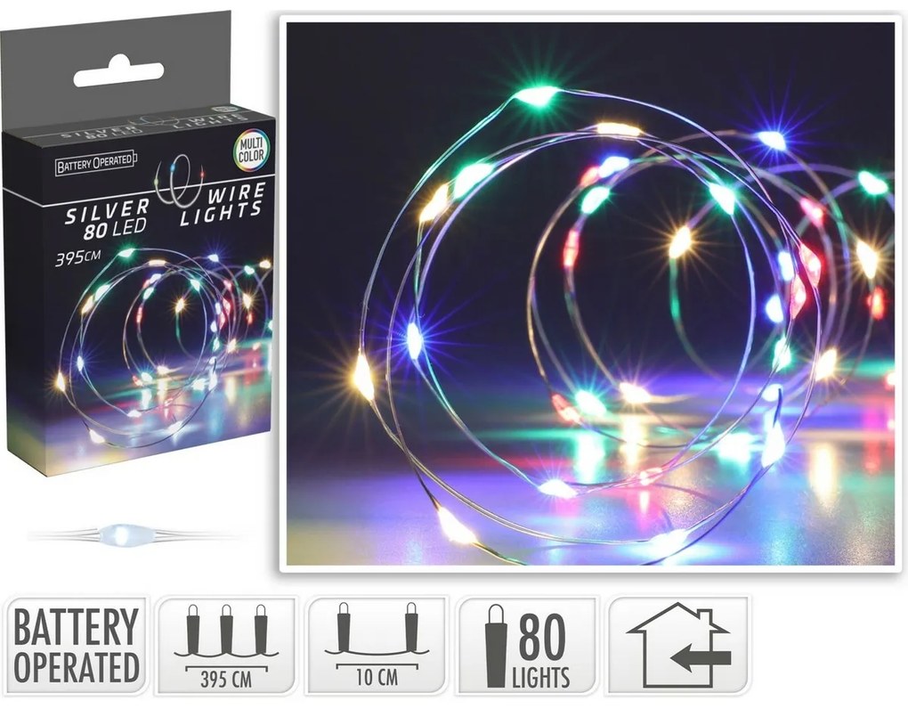 Drut świetlny Silver, 4 m, 80 diod LED, kolorowy, na baterie