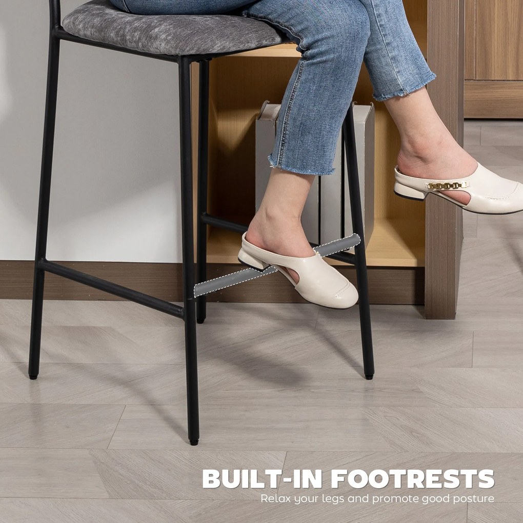 HOMCOM Zestaw 2 hokerów, tapicerowane wysokie krzesła do blatu kuchennego, domowego baru, oparcie, podnóżek, obicie z tkaniny, stal, szary