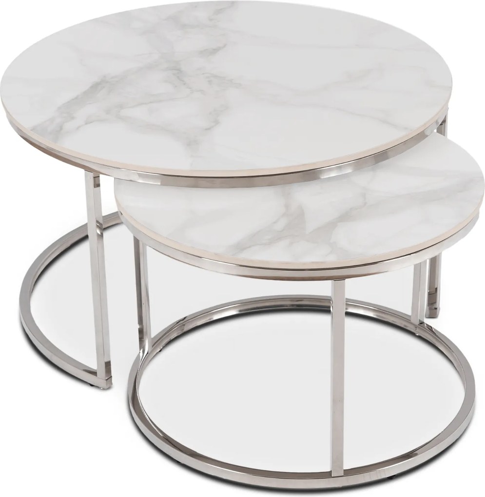 Zestaw Stolików Kawowych AMARA MAX 60 cm/80 cm Biały Marmur/Srebrny Glamour