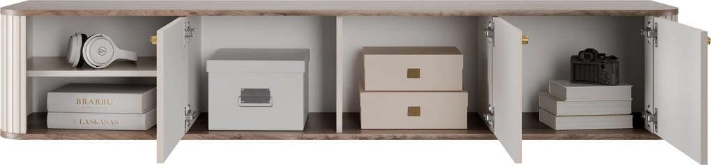 Szafka RTV wisząca Vesper 187 cm trzydrzwiowa - kaszmir / orzech / złote uchwyty