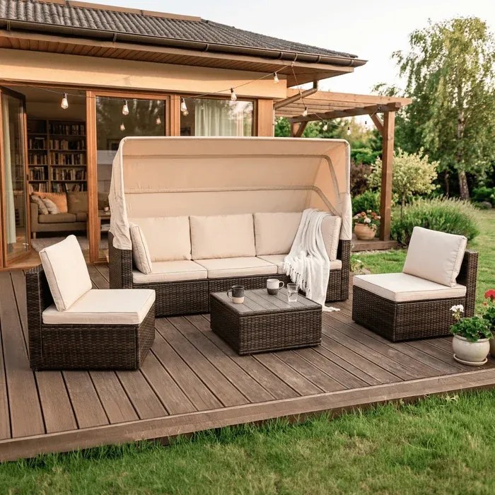 Zestaw Mebli Ogrodowych CALIENTE Modułowy Sofa 2x Fotel Stolik Tarasowy Brązowy/Beżowy Technorattan Nowoczesny