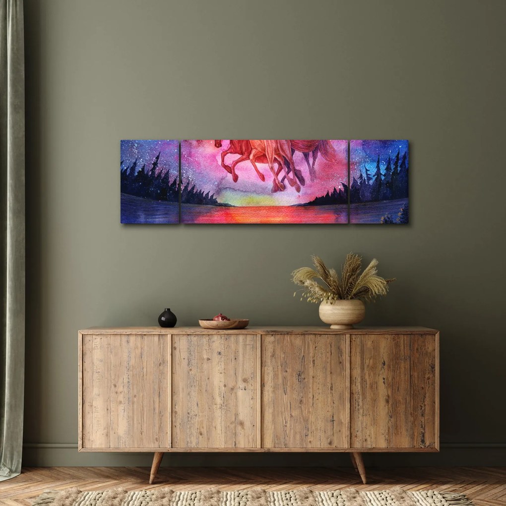 Obraz - Pojawienie się kosmicznych koni nad jeziorem, akwarela (170x50 cm)