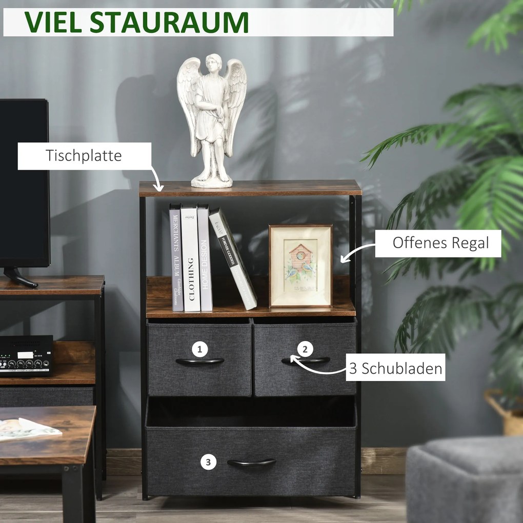 HOMCOM Czarna komoda z 3 szufladami lnianymi i półkami z uchwytami