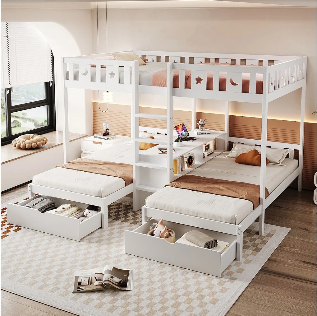 Łóżko piętrowe dziecięce 3-osobowe - 140 x 200 cm + 90 x 200 cm - z 2 szufladami + półki - drewno - białe