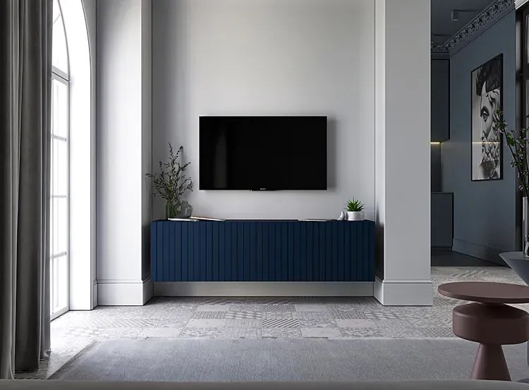 Granatowa wisząca szafka na TV z lamelami - Filo 6X
