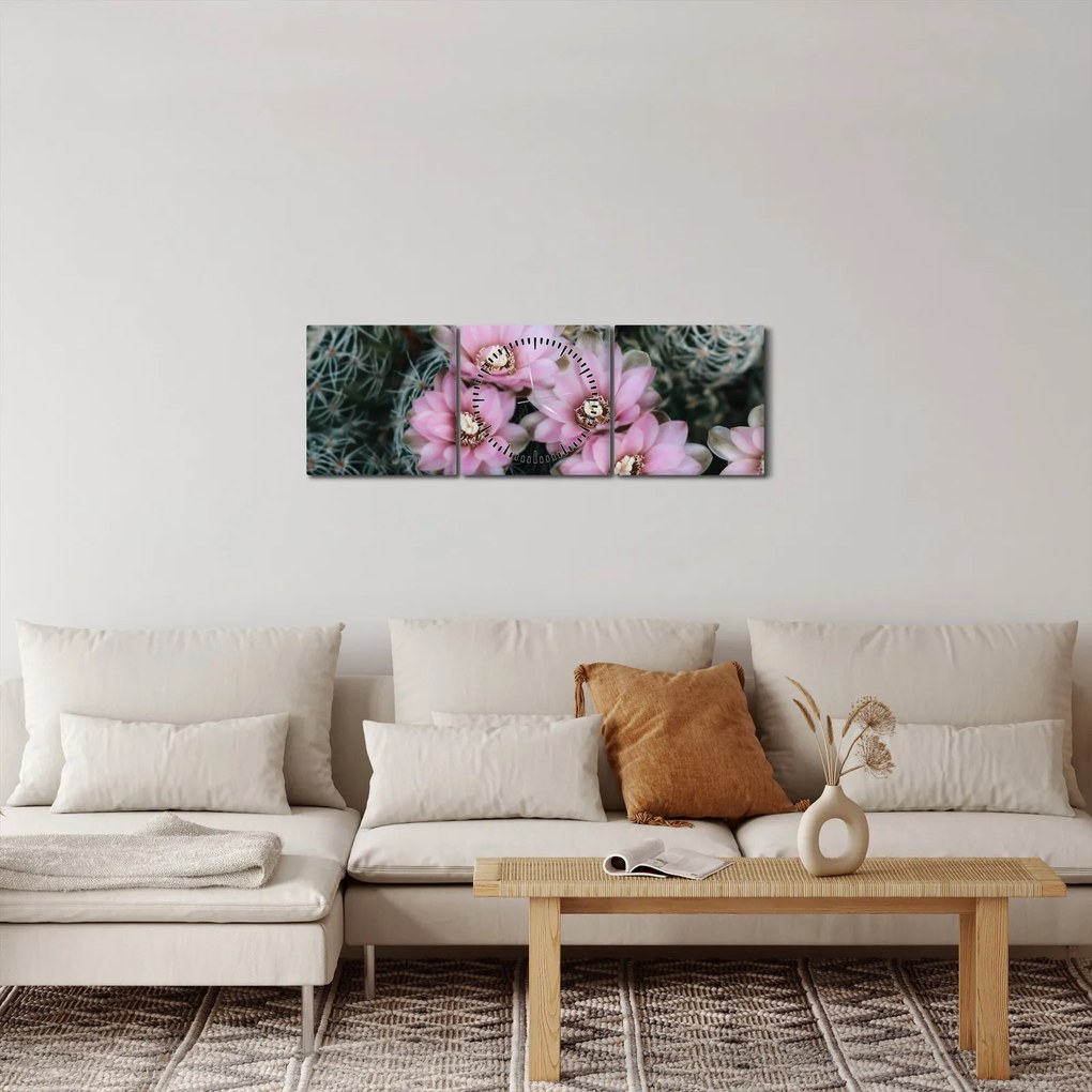 Obraz kwiatu kaktusa (z zegarem) (90x30 cm)