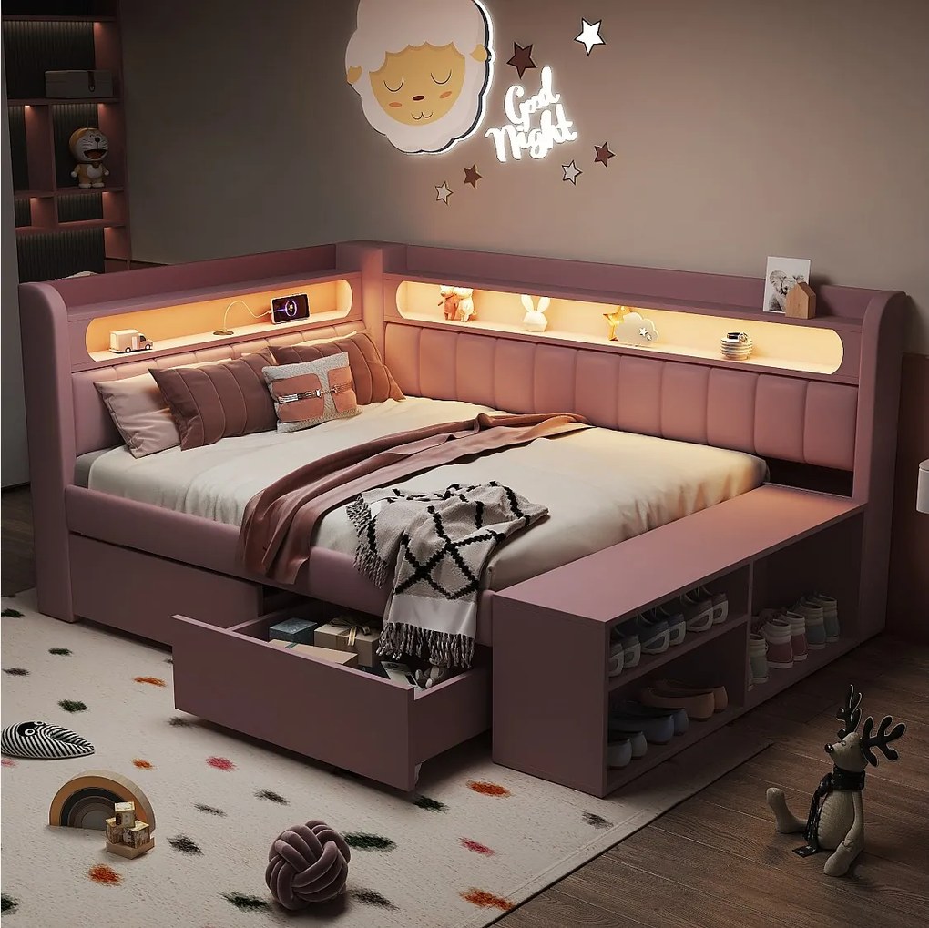 Łóżko dziecięce z pojemnikiem na pościel - 90 x 200 cm - z portem USB, diodami LED, półką, półką na buty i 2 szufladami - płyta MDF - różowe