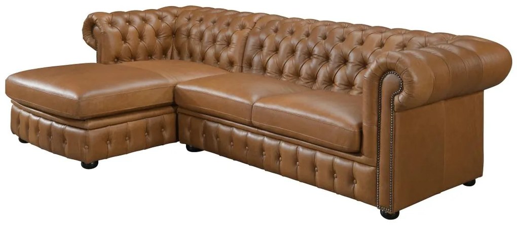 Kanapa narożna BRENTON ze 100% skóry bawolej Chesterfield - Karmelowy vintage - narożnik lewostronny