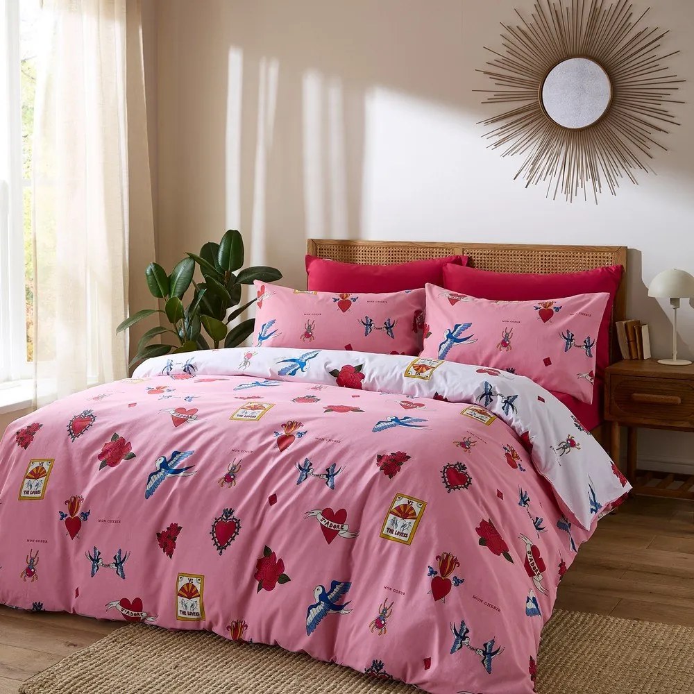 Biało-różowa bawełniana pościel dwuosobowa 230x220 cm Mon Coeur – Their Nibs