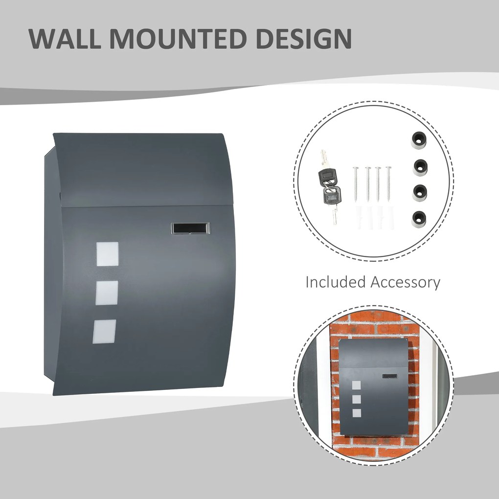 HOMCOM Skrzynka pocztowa z zamkiem, galwanizowana stal, 30 cm otwór na listy, Szara