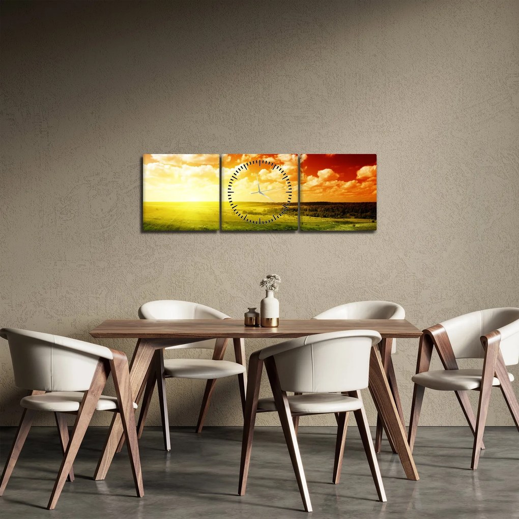 Obraz łąki ze świecącym słońcem (z zegarem) (90x30 cm)