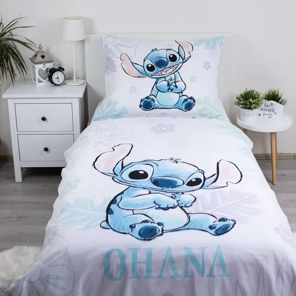 Biała bawełniana pościel dziecięca jednoosobowa 140x200 cm Lilo and Stitch "Ohana White" – Jerry Fabrics
