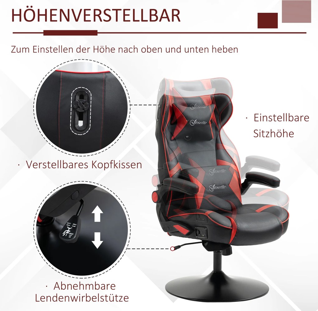 Fotel gamingowy Vinsetto, fotel gamingowy, zintegrowane głośniki, rozkładane oparcie, czarny+czerwony, 69 x 73 x 118cm