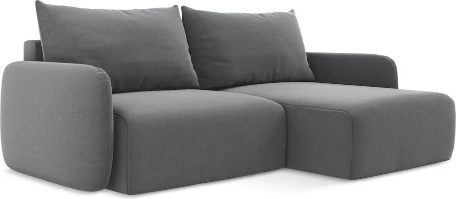 Szary aksamitny rozkładany narożnik ze schowkiem (prawostronny/z szezlongiem) Kalena – Makamii