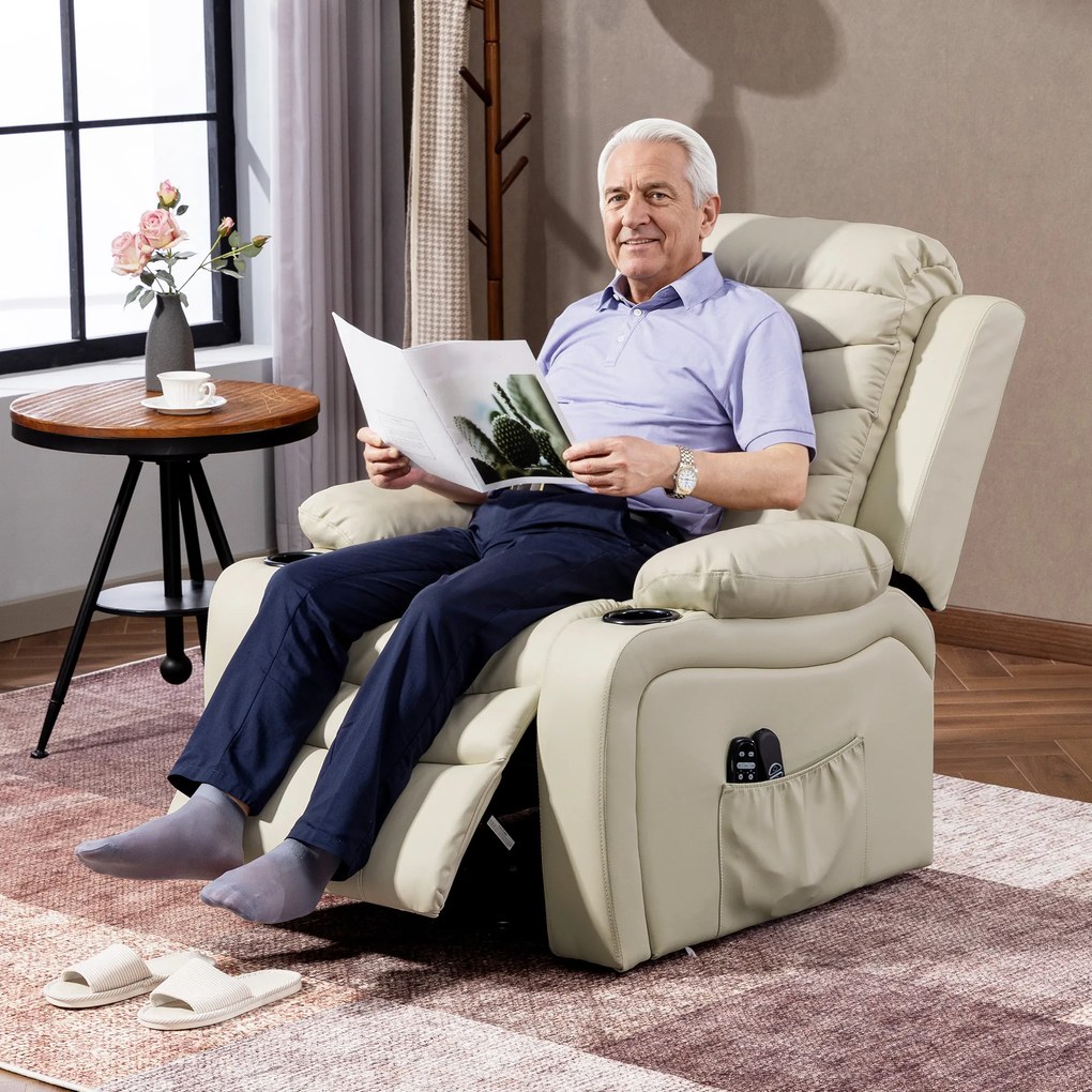 HOMCOM Fotel telewizyjny z elektrycznym podnoszeniem, masażem, podgrzewaniem, USB, kremowy PU | Aosom PL